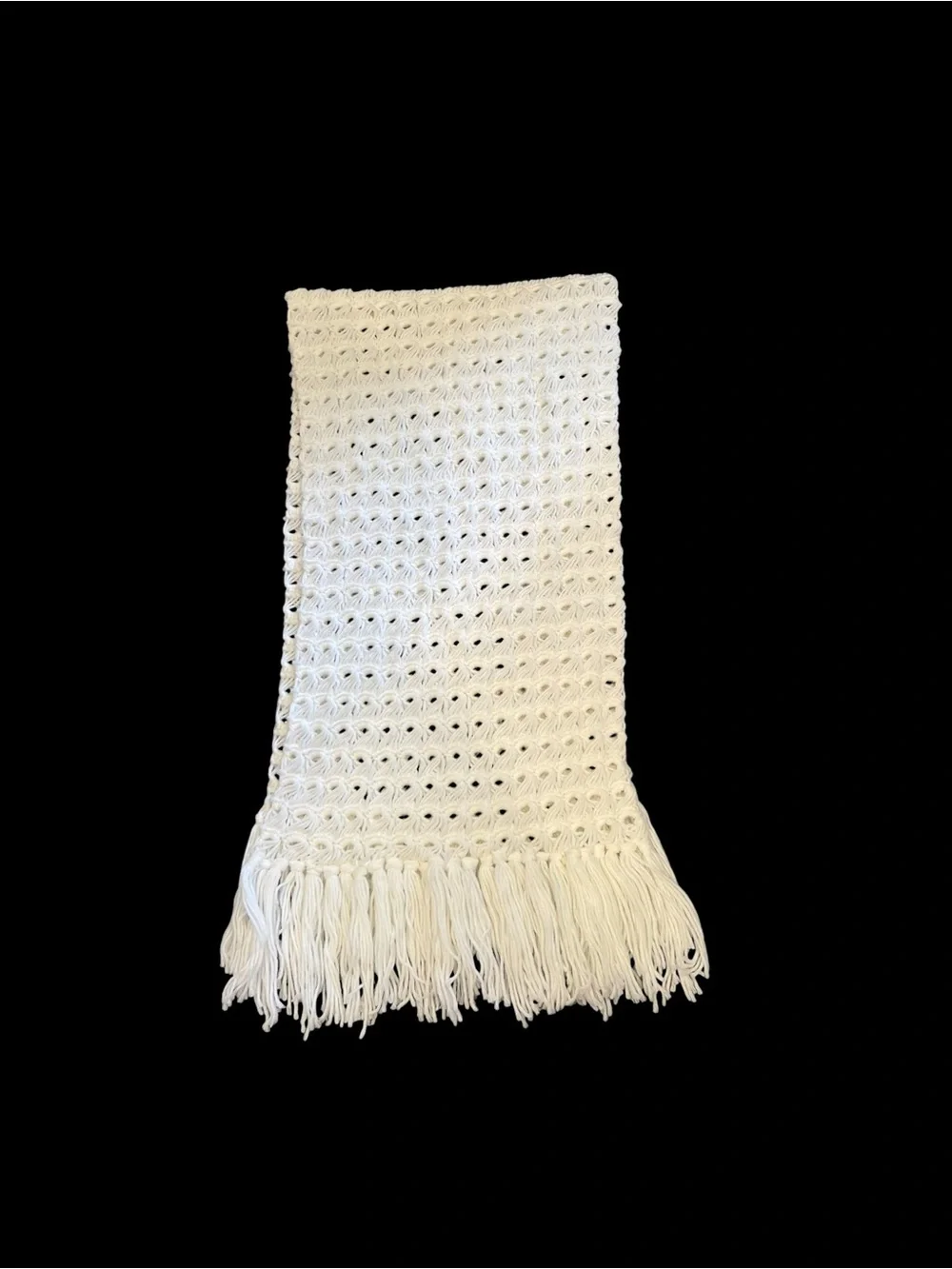 Vintage Hand Crochet Shawl Wrap Open Knit White Fringe